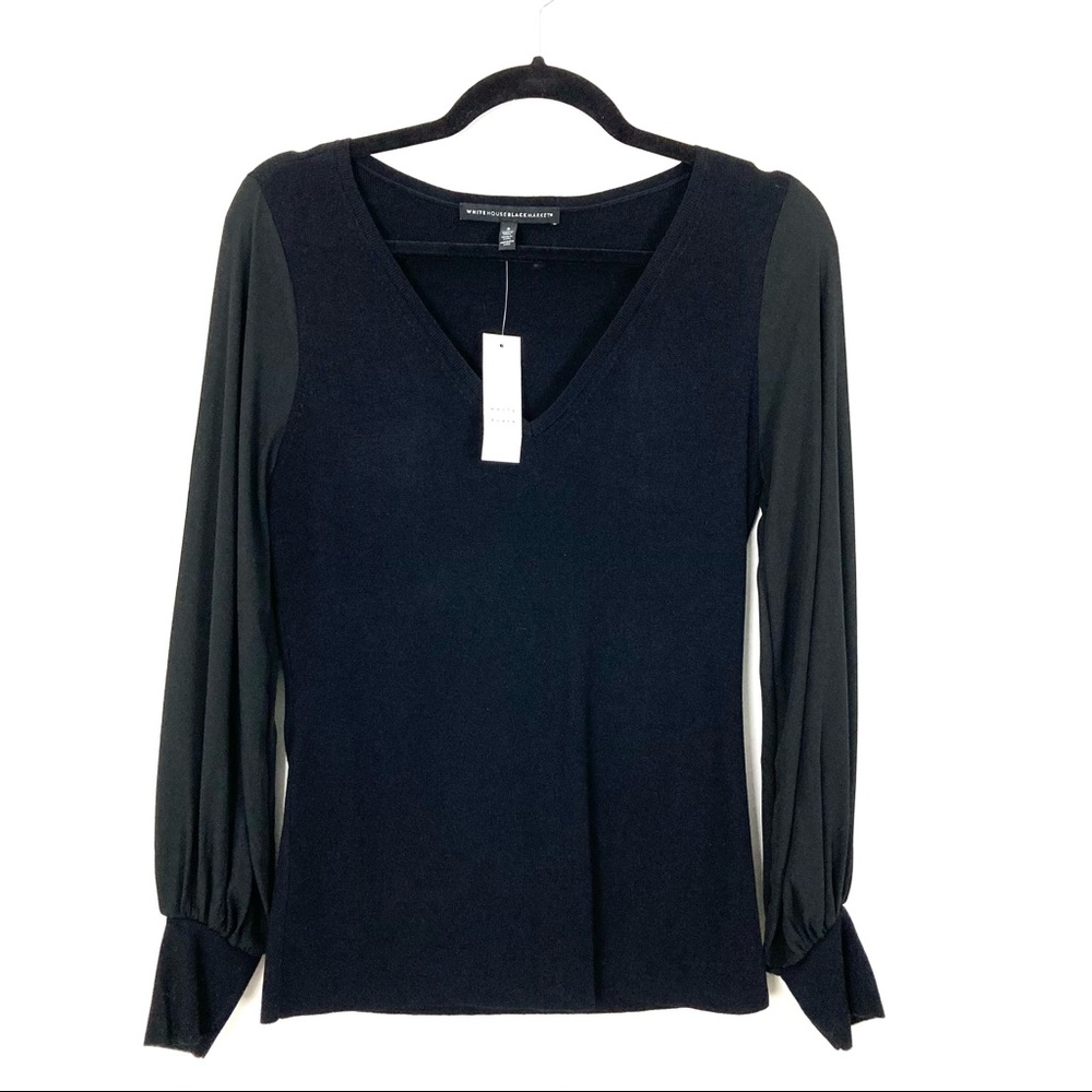 WHBM Blouson Sheer Long Sleeve Knit Blouse, NWT, S